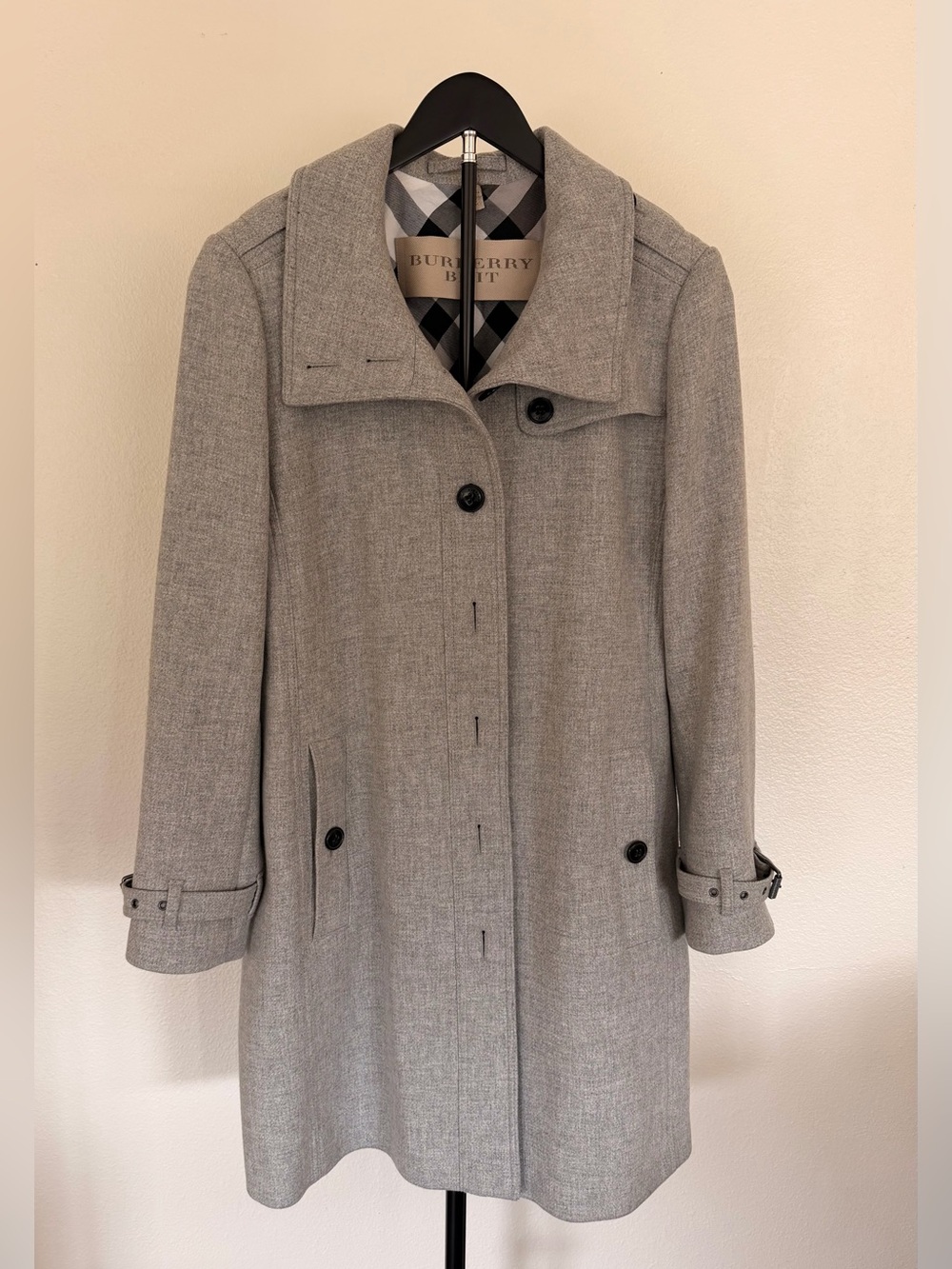 Burberry Gray Wool-Blend Trench Coat with Signature Plaid Lining Size US 14